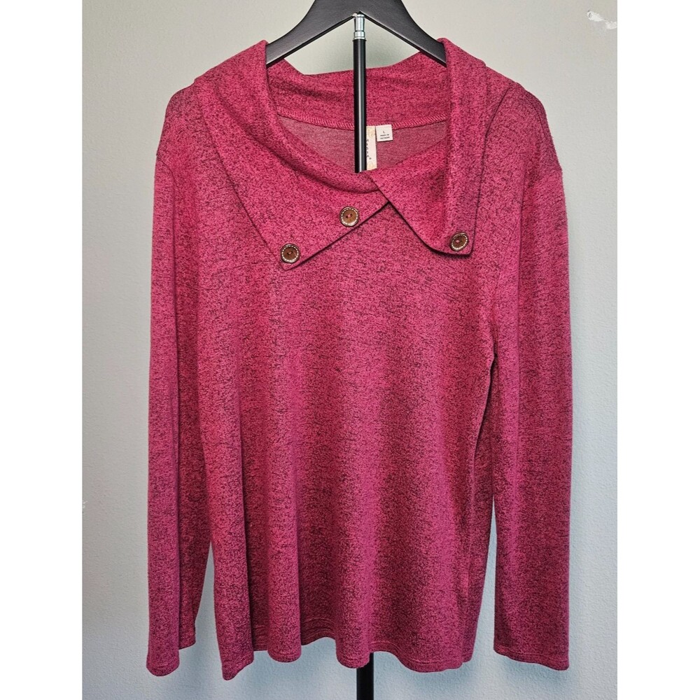 Misia Womens Large Pink Cowl Neck Sweater Tunic Button Accent Soft Stretch Top‎